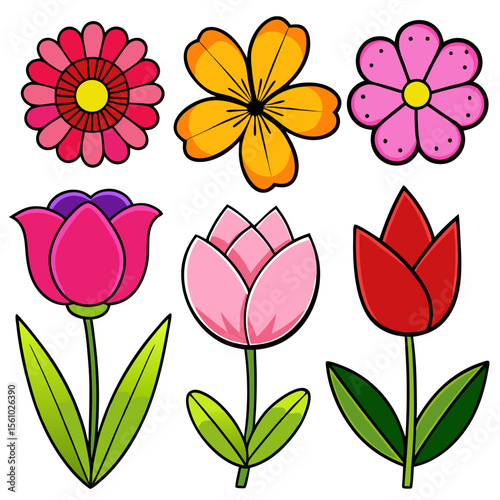 Collection of six colorful cartoon flowers with stems and leaves