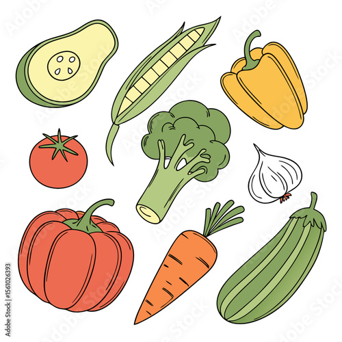 Collection of colorful hand drawn vegetables including avocado corn broccoli tomato pepper garlic carrot pumpkin zucchini
