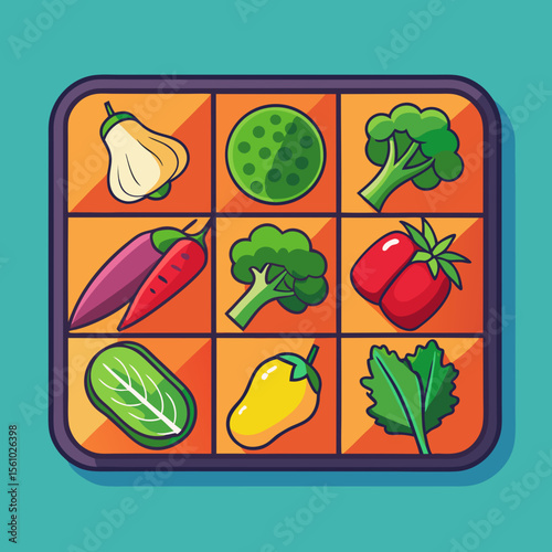 Colorful cartoon vegetables arranged in grid on orange background with teal border