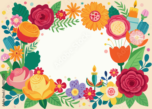 Colorful floral border with flowers leaves candles and gifts for celebrations