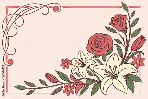 Elegant floral border with roses and lilies on a soft pink background