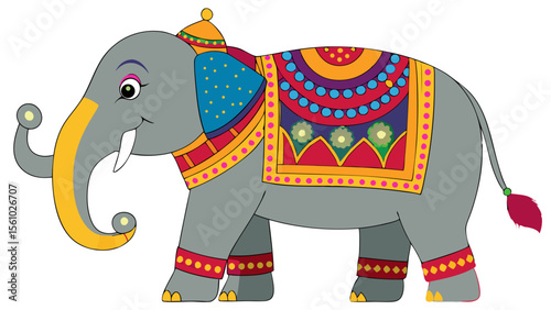 Decorated indian elephant with colorful traditional fabric and ornate headwear