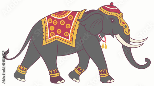 Decorated indian elephant walking with traditional ornaments and blanket