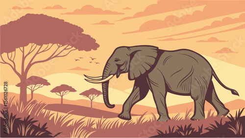 Majestic elephant walks through the savanna at sunset with acacia trees