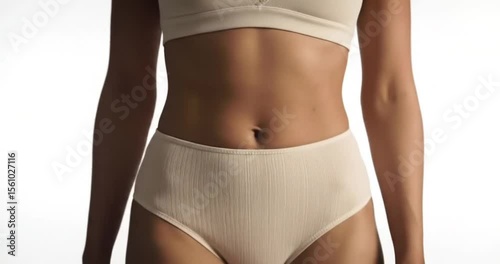 Focus on health and wellness with body positivity. A woman's toned torso in natural, comfortable lingerie against a clean white backdrop.