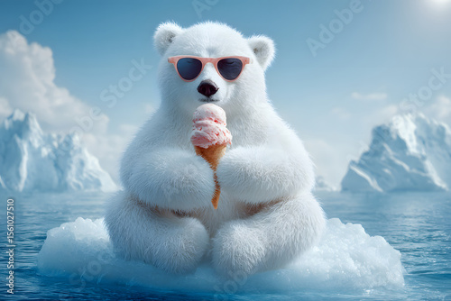 アイスクリームを持ったサングラス姿の可愛いシロクマのイラスト