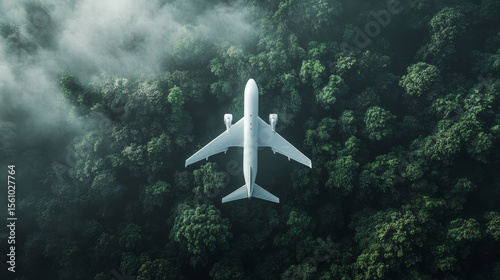 An environmental sustainable biofuel concept of a white airplane flying over green trees creating an aerial view of the aircraft and its engines against a backdrop of a dark misty foggy rainforest