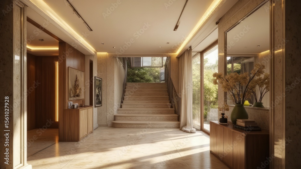 Fototapeta premium Spacious entryway with natural light and warm tones.