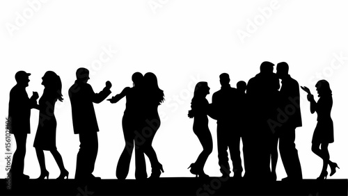 Silhouette of a group of people dancing and socializing at a party or event in a dark setting area