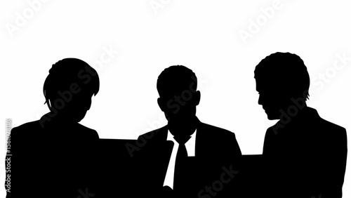 Silhouette of three business professionals working on laptops in a collaborative office environment setup