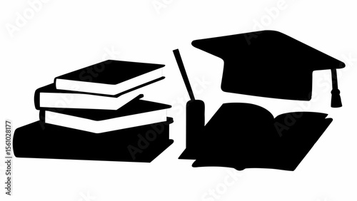 Illustration of a graduation cap next to an open book and a stack of books with a pen in a holder silhouette