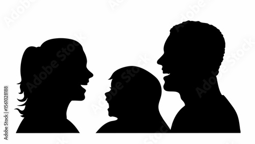 Silhouette of a family consisting of a woman man and child all with their mouths open in a happy expression