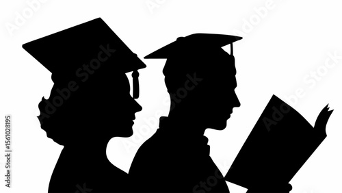 Silhouette of two graduates one reading a book wearing academic caps in a monochrome illustration style