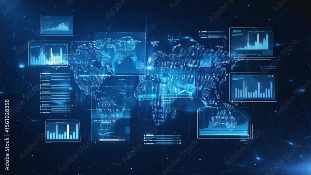 Digital world map interface with glowing charts, data windows, and analytics panels, representing global communication, data exchange, futuristic technology, cyber intelligence, virtual connectivity