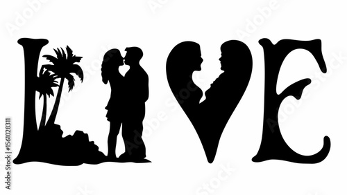 Silhouette of the word love with palm trees, a couple kissing, and two faces in the shape of a heart shape
