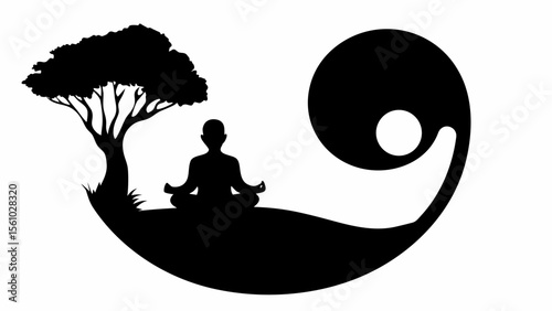 Silhouette of a person meditating under a tree with a yin yang symbol in the background in black and white