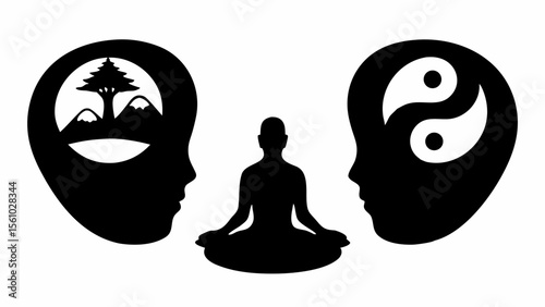 Silhouette of meditating figure between heads with landscape and yin yang symbols representing balance mind body