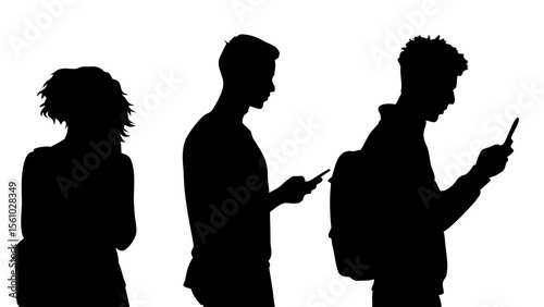 Silhouettes of three people looking at their phones in a line against a white background image view side