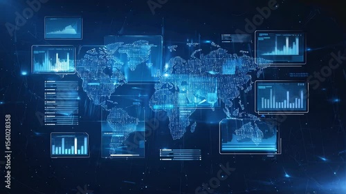 Digital world map interface with glowing charts, data windows, and analytics panels, representing global communication, data exchange, futuristic technology, cyber intelligence, virtual connectivity