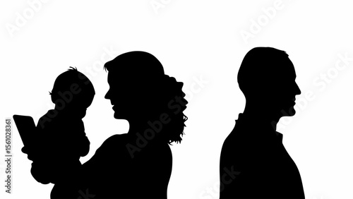 Silhouette of a family with a mother holding a baby looking at a tablet and a father standing nearby