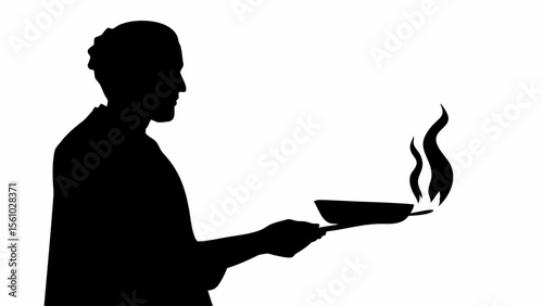 Silhouette of a person cooking with a frying pan and flames against a white background in monochrome