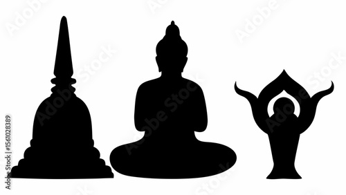 Three black silhouettes depicting a stupa, a seated buddha, and a symbolic figure on a white background