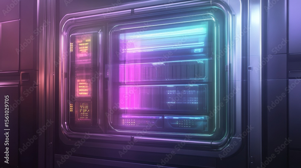 Obraz premium Futuristic Data Server with Holographic Neon Elements and Glowing Design