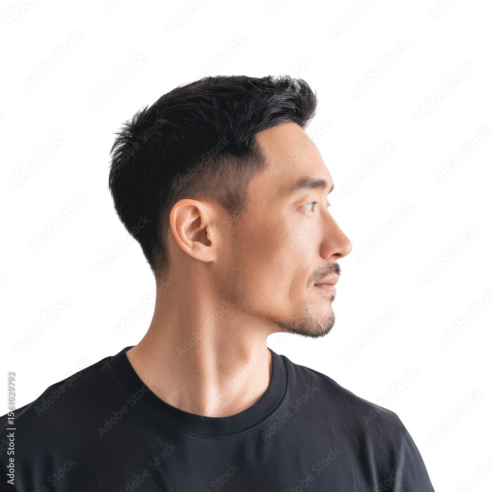 Obraz premium A profile portrait of a young man with short black hair and a well-groomed beard. gazing thoughtfully to the side against a clean. white background. ideal for lifestyle and personal branding use