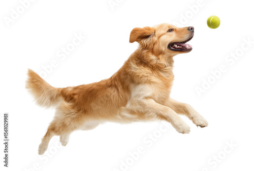 A joyful golden retriever leaps into the air to catch a bright green tennis ball. showcasing its playful spirit against a clean white background. perfect for pet-related content