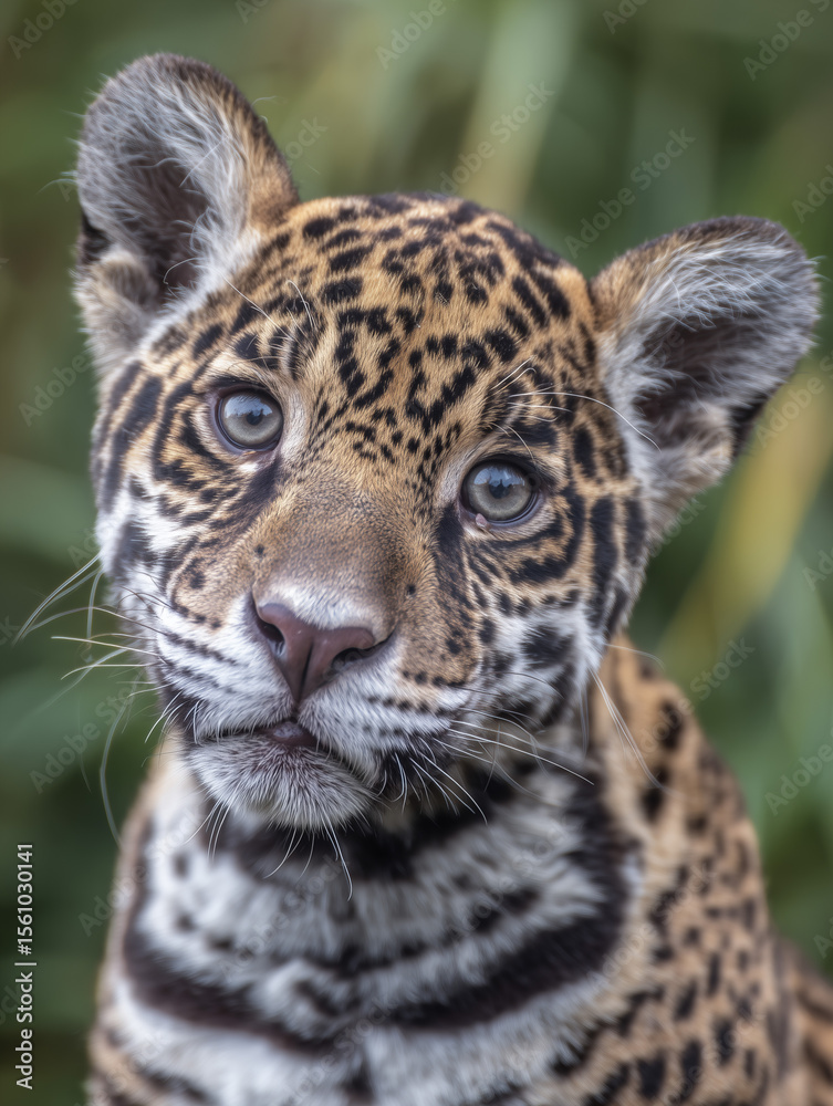 Obraz premium Jaguar cub looking curiously, green nature background, close-up