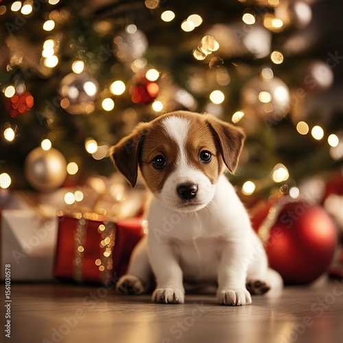 A cute Jack Russell puppy sits in front of a decorated Christmas tree, surrounded by presents and festive lights.