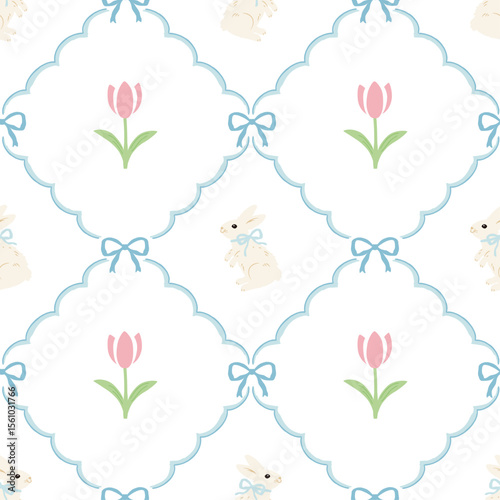 Vintage style floral seamless pattern, cute tulip flowers and bunnies, blue ribbons.