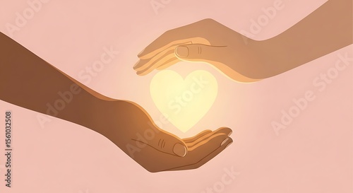 Glowing Heart in Cupped Hands Protecting Love with Peach Background