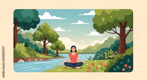 Woman Meditating Relaxing by Blue River in Nature Illustration