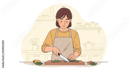 Smiling Woman Cutting Green Vegetables in Bright Kitchen Interior