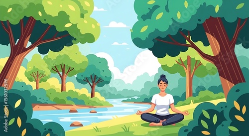 Meditating Woman in Peaceful Green Nature Landscape by River