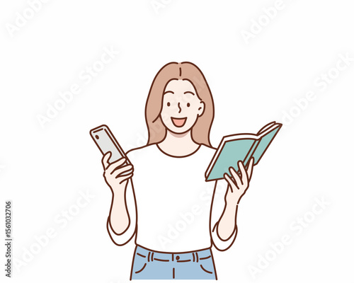Woman Holding Book and Smartphone. Hand drawn style vector design illustrations.