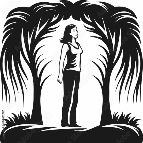 Beautiful young woman with long, flowing hair, an elegant silhouette, and a glamorous illustration style