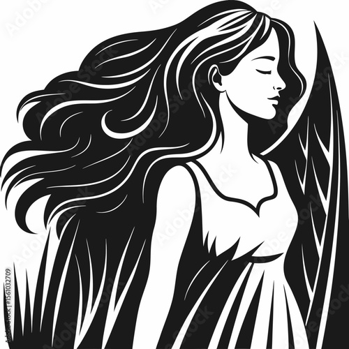 Beautiful young woman with long, flowing hair, an elegant silhouette, and a glamorous illustration style