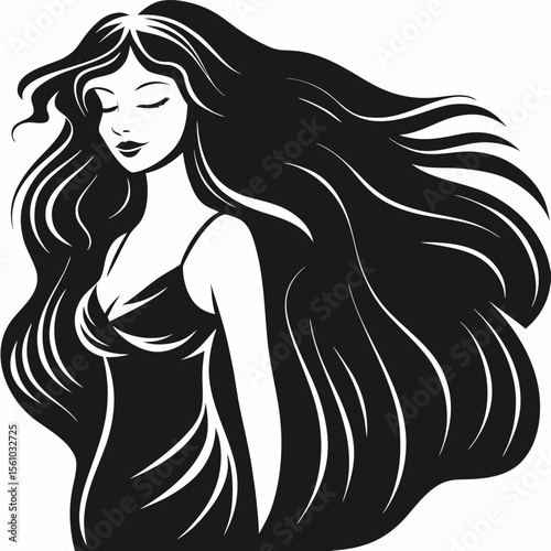 Beautiful young woman with long, flowing hair, an elegant silhouette, and a glamorous illustration style