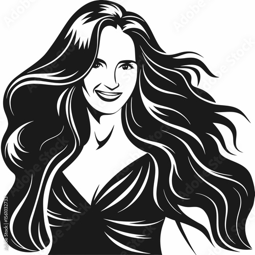 Beautiful young woman with long, flowing hair, an elegant silhouette, and a glamorous illustration style