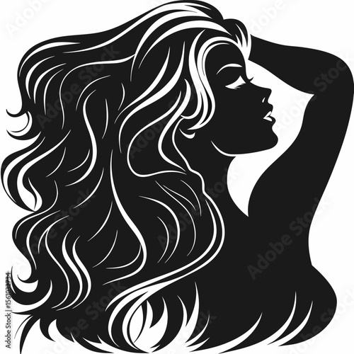 Beautiful young woman with long, flowing hair, an elegant silhouette, and a glamorous illustration style