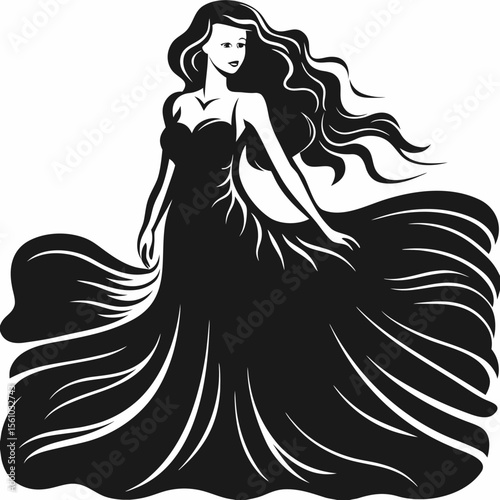 Beautiful young woman with long, flowing hair, an elegant silhouette, and a glamorous illustration style