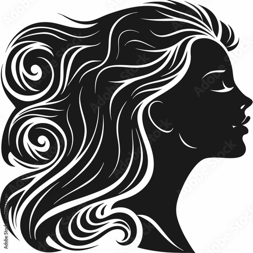 Beautiful young woman with long, flowing hair, an elegant silhouette, and a glamorous illustration style