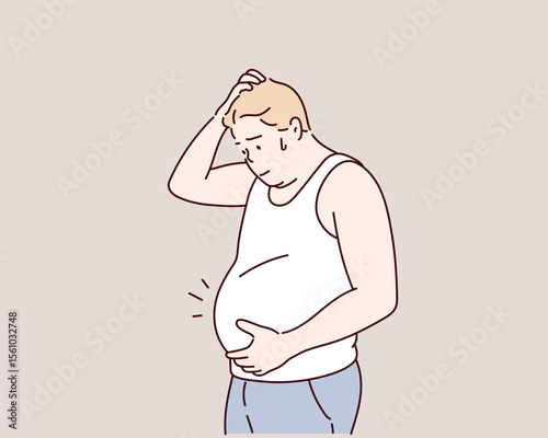 man Worried About Belly Fat and Weight Loss. Hand drawn style vector design illustrations.