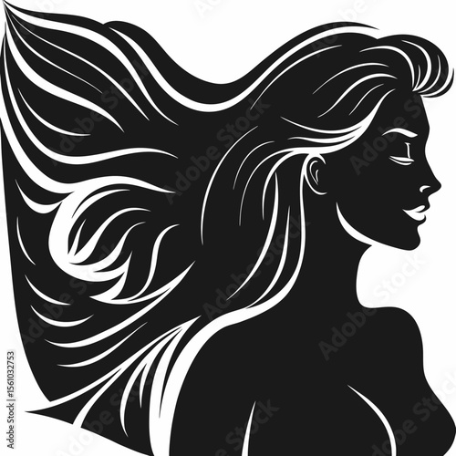 Beautiful young woman with long, flowing hair, an elegant silhouette, and a glamorous illustration style