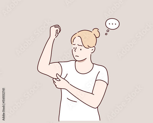 Woman Checking Arm Fat by Pinching Her Arm. Hand drawn style vector design illustrations.