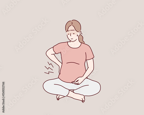 Pregnant Woman Sitting with Back Pain. Hand drawn style vector design illustrations.