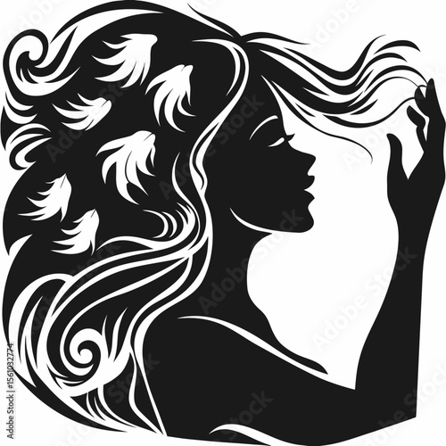 Beautiful young woman with long, flowing hair, an elegant silhouette, and a glamorous illustration style