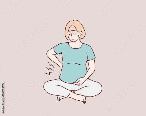 Pregnant Woman Sitting with Back Pain. Hand drawn style vector design illustrations.